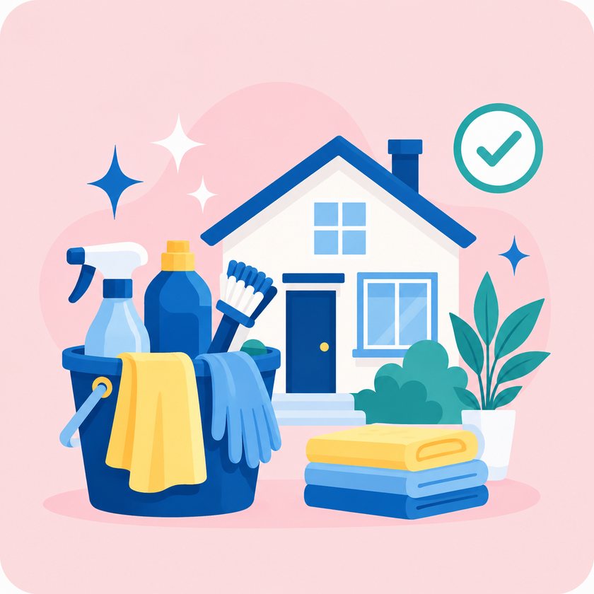 Cleaning supplies — bucket, spray bottle, gloves and folded towels — in front of a clean house
